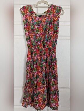 Betabrand Sleeveless Smocked Waist Garden Floral Midi Dress
